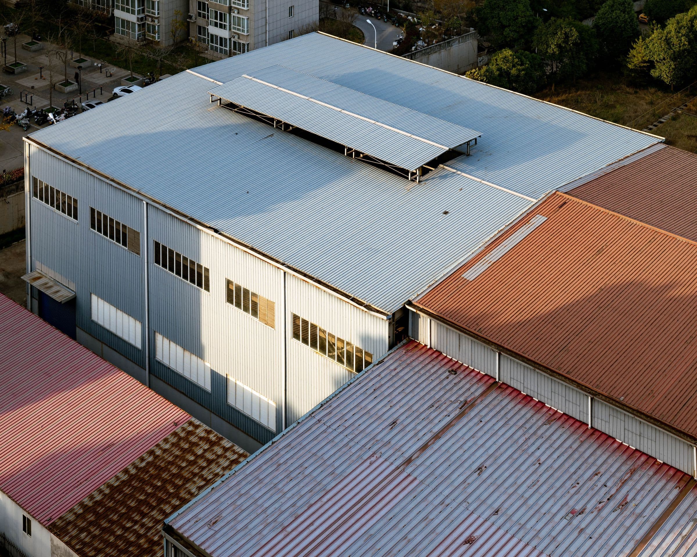 Aerial view of metal roofs on an industrial building